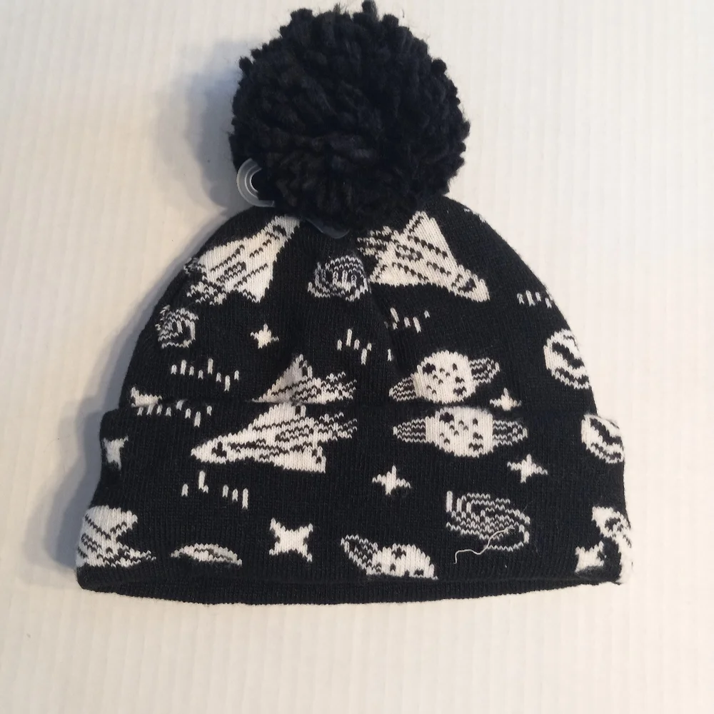 Cat & Jack black & white winter hat. Space themed pattern size 2T - 5T toddler